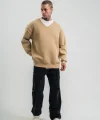 Geniş V Yaka Kol Ribana Detaylı SweatShirt - Bej