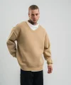 Geniş V yaka Kol Ribana Detaylı SweatShirt - Bej