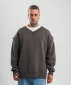 Geniş V Yaka Kol Ribana Detaylı SweatShirt - Füme