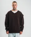 Geniş V yaka Kol Ribana Detaylı SweatShirt - Kahve