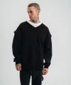 Geniş V Yaka Kol Ribana Detaylı SweatShirt - Siyah