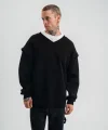 Geniş V yaka Kol Ribana Detaylı SweatShirt - Siyah