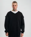 Geniş V yaka Kol Ribana Detaylı SweatShirt - Siyah