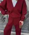 Geniş V Yaka Üç İplik Sweat Takım - Bordo