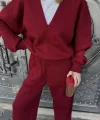 Geniş V Yaka Üç İplik weat Takım  Bordo