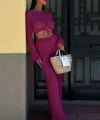 Göğüs Bağcık Detaylı Ajurlu Bluz Pantolon Takım 10098