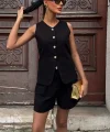 Gold Düğme Detaylı Yelek Şort Cotton Takım 10134-17