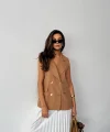 GOLD DÜĞMELİ KETEN YELEK - Kahverengi