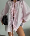 GÖMLEK POPLİN HAKİM YAKA ÖNDEN BAĞLAMA İP DETAYLI - Pembe