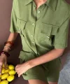 Gömlek Şort Etek Viscon Keten Takım 10162