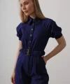 Gömlek Yaka Gabardin Tulum - İndigo