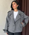 Gri Çizgili Deri Garnili Ceket