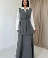 Gri Çizgili Uzun Çizgili Yelek Ve Etek Takım