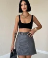 Gri Kemerli Mini Deri Etek