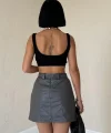 Gri Kemerli Mini Deri Etek