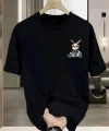 Güneş Gözlüğü Grafikli Karikatür Tavşan Oversize Kısa Kollu Tişört Çift Tişört, İlkbahar Ve Yaz- Siyah