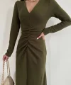 Haki Büzgülü Triko Balık Elbise