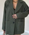 Haki Çizgili Oversize Ceket