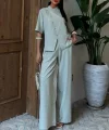 Hakim Yaka Çapraz Düğmeli Plazzo Pantolon Viscon Keten Takım 10091