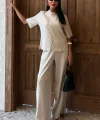 Hakim Yaka Çapraz Düğmeli Plazzo Pantolon Viscon Keten Takım 10091