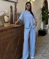 Hakim Yaka Çapraz Düğmeli Plazzo Pantolon Viscon Keten Takım 10091