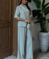 Hakim Yaka Çapraz Düğmeli Plazzo Pantolon Viscon Keten Takım 10091