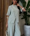 Hakim Yaka Çapraz Düğmeli Plazzo Pantolon Viscon Keten Takım 10091