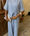 Hakim Yaka Çapraz Düğmeli Plazzo Pantolon Viscon Keten Takım 10091