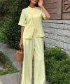 Hakim Yaka Çapraz Düğmeli Plazzo Pantolon Viscon Keten Takım 10209
