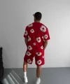 İki İplik Kumaş Baskılı T-shirt Şortlu Takım- Kırmızı