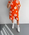 İki İplik Kumaş Baskılı T-shirt Şortlu Takım- Turuncu