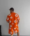 İki İplik Kumaş Baskılı T-shirt Şortlu Takım- Turuncu