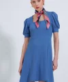 İndigo Kare Yaka Örme Mini Elbise