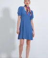 İndigo Kare Yaka Örme Mini Elbise