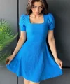 İndigo Kare Yaka Örme Mini Elbise