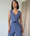 İndigo Önü Düğmeli Yelek Ve Pantolon Takım