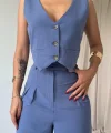 İndigo Önü Düğmeli Yelek Ve Pantolon Takım