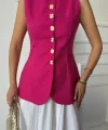 JAKAR KETEN YELEK BELDEN OTURTMALI GOLD DÜĞMELİ - Fuşya