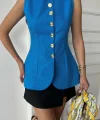 JAKAR KETEN YELEK BELDEN OTURTMALI GOLD DÜĞMELİ - Mavi