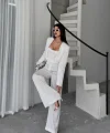 JAKARLI BLUZU TASARIM DETAYLI CEKET-PANTOLON-BLUZ 3 LÜ TAKIM - Beyaz