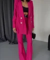 JAKARLI CEKET - PİLE DETAYLI PANTOLON TAKIM - Fuşya