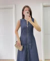 Jeans Kot Önü Tam Fermuarlı Kadın Uzun Elbise - Mavi
