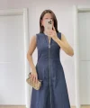 Jeans Kot Önü Tam Fermuarlı Uzun Elbise - Mavi