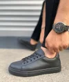 JY122 Mode Bağcıklı Cilt Erkek Günlük Sneaker Ayakkabı CST - Siyah