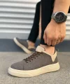 JY204 Flex Bağcıklı Keten Kumaş Erkek Günlük Sneaker Ayakkabı KKT - Kahverengi/Krem