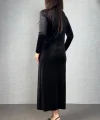 Kadı Uzun Kollu Omuzdan Büzgülü Yandan Taş Detaylı Uzun Kadife Elbise