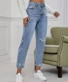 Kadın Açık Mavi Yırtık Detaylı Mom Fit Jean / Kot Pantolon