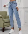 Kadın Açık Mavi Yırtık Detaylı Mom Fit Jean / Kot Pantolon