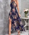 Kadın Açık Omuz Halter Yaka Beli Lastikli Büzgü Detay önden Yırtmaçlı çiçek Desenli Süprem Elbise