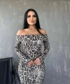 Kadın adonna Yaka Dalgıç Kumaş Leopar Desen axi Boy Derin Yırtmaçlı Elbise